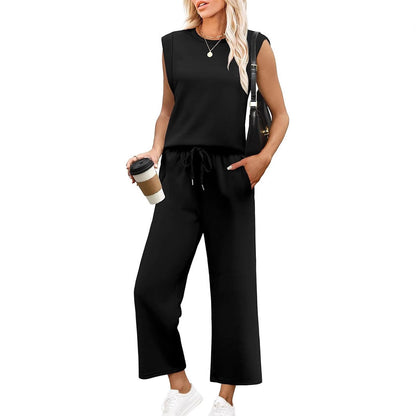 Women's Two-Piece Lounge Set | Long Sleeve Top & Wide-Leg Cropped Trousers
