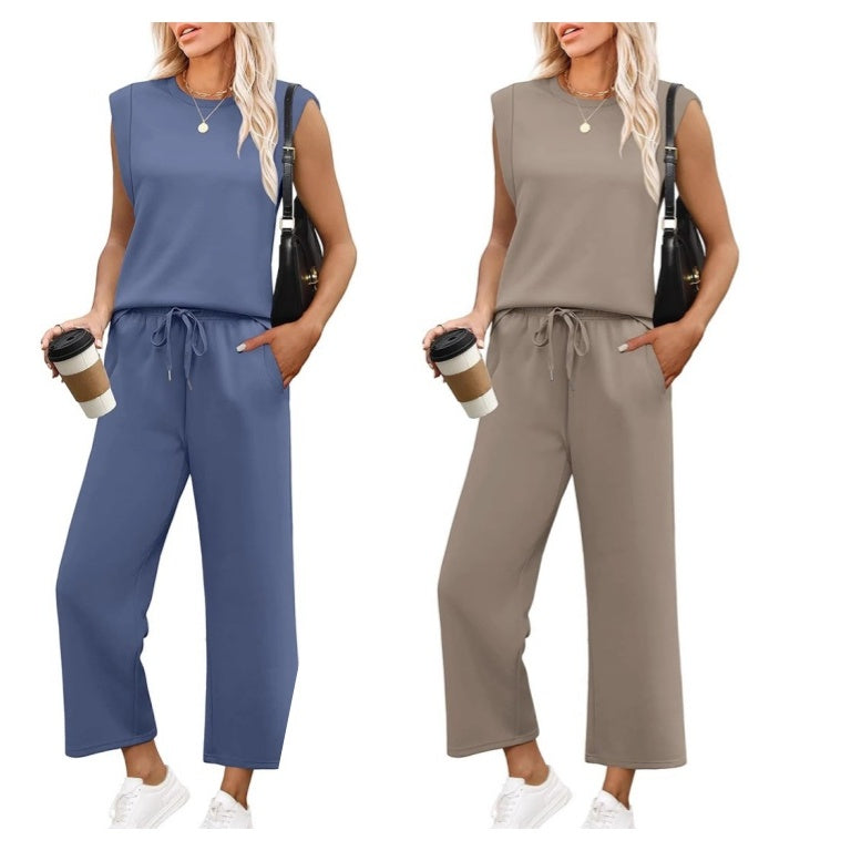 Women's Two-Piece Lounge Set | Long Sleeve Top & Wide-Leg Cropped Trousers