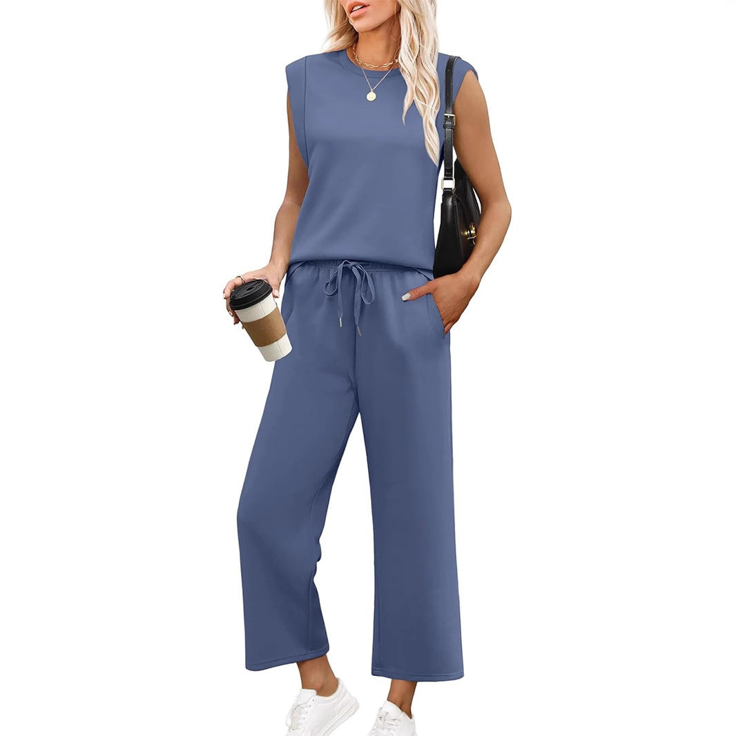 Women's Two-Piece Lounge Set | Long Sleeve Top & Wide-Leg Cropped Trousers
