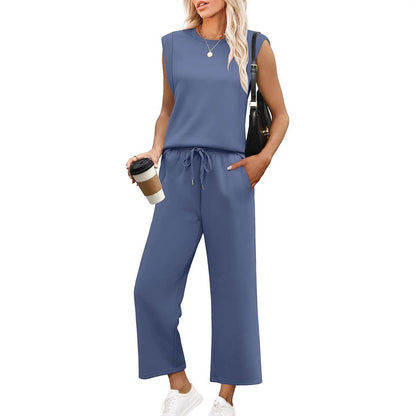 Women's Two-Piece Lounge Set | Long Sleeve Top & Wide-Leg Cropped Trousers