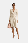 Women's V-Neck Ruched Midi Dress | Elegant Long Sleeve Spring Style