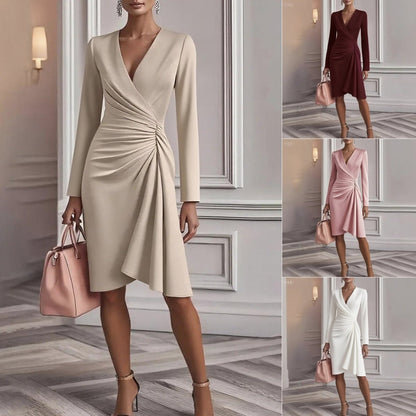 Women's V-Neck Ruched Midi Dress | Elegant Long Sleeve Spring Style