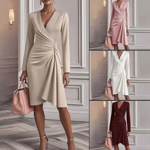 Women's V-Neck Ruched Midi Dress | Elegant Long Sleeve Spring Style