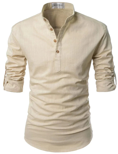 Men's Linen Style Long Sleeve Shirt | Band Collar Summer Style