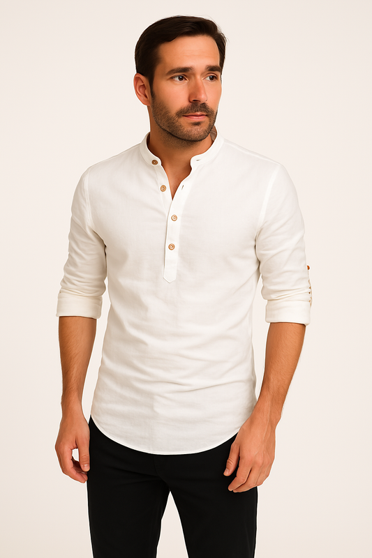 Men's Linen Style Long Sleeve Shirt | Band Collar Summer Style