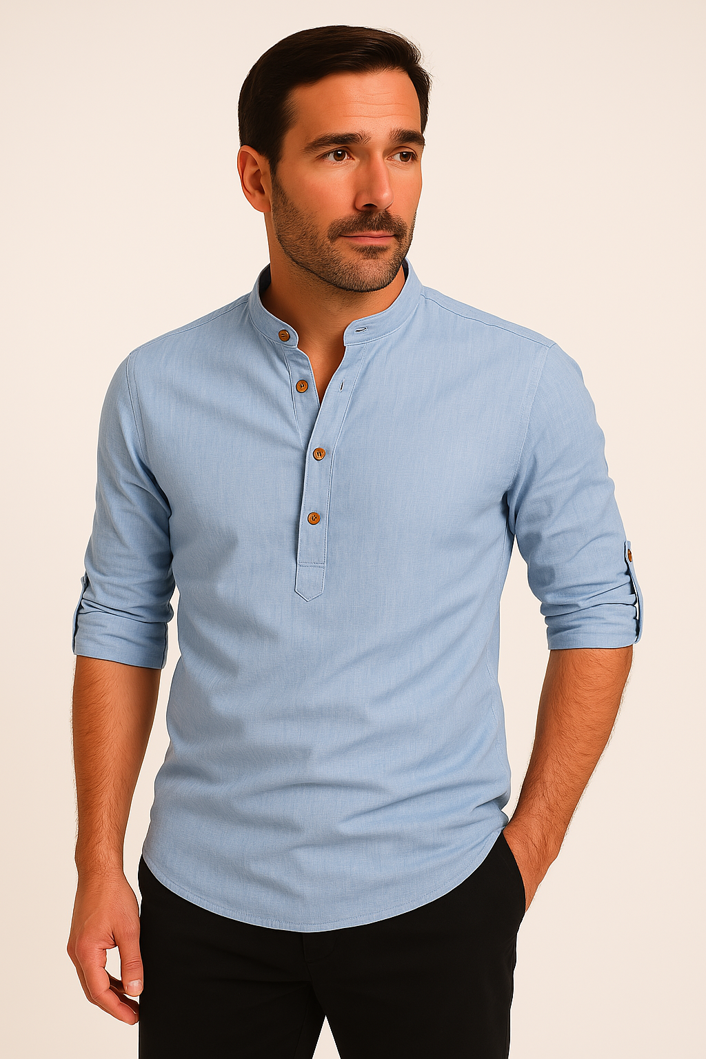 Men's Linen Style Long Sleeve Shirt | Band Collar Summer Style