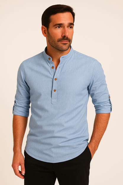 Men's Linen Style Long Sleeve Shirt | Band Collar Summer Style