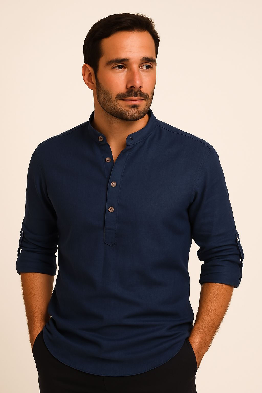 Men's Linen Style Long Sleeve Shirt | Band Collar Summer Style