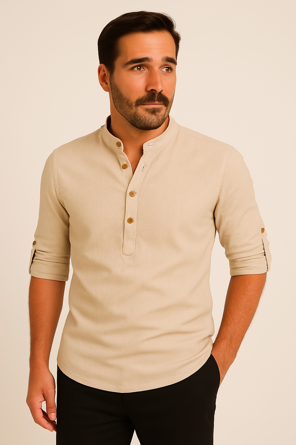 Men's Linen Style Long Sleeve Shirt | Band Collar Summer Style